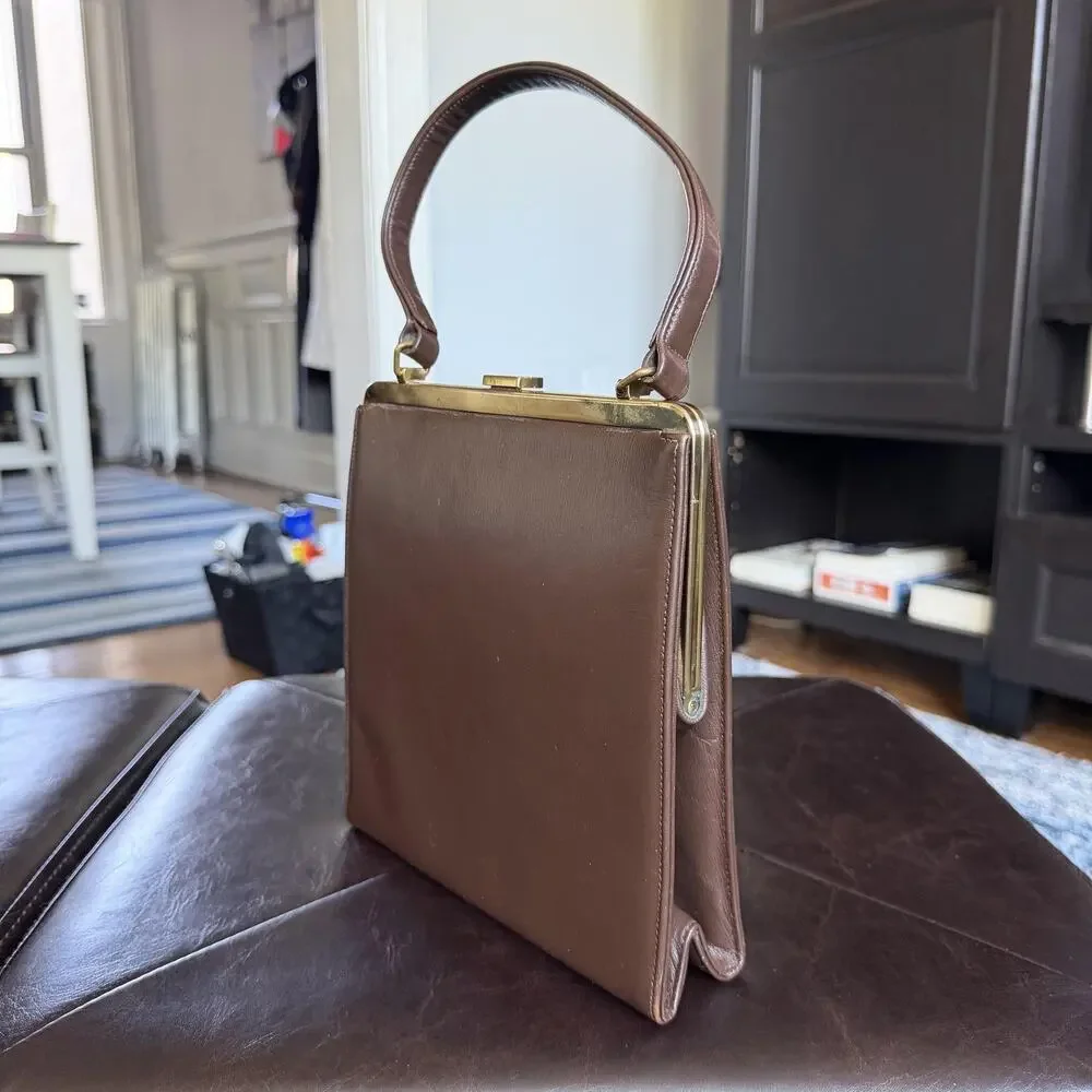 Vintage Block Top Handle Bag Womens Small Brown Leather Gold Frame Evening Purse